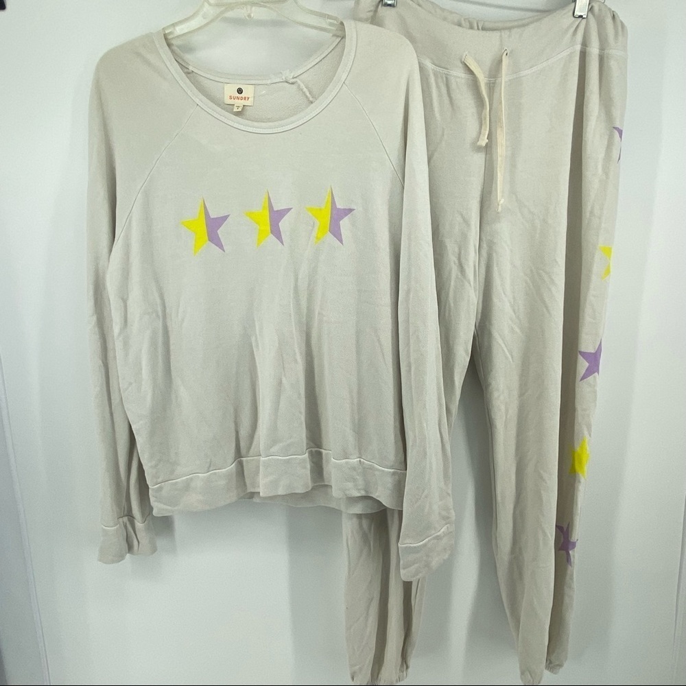 NEW Sundry M/L Beige Purple Gold Star Jogger‎ Lounge Set